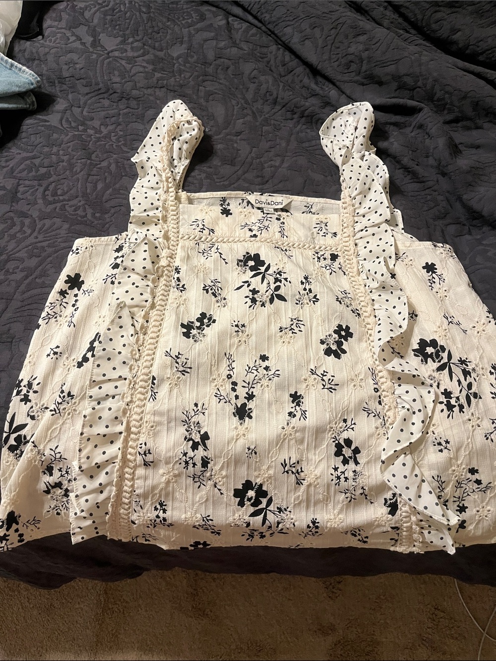 DAVI & DANI Cream Tank with Black Floral Embroidery and Ruffle Straps